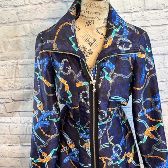 Samuel Dong Navy and Gold Patterned Trench Coat Size Small Double Zipper - Picture 2 of 12